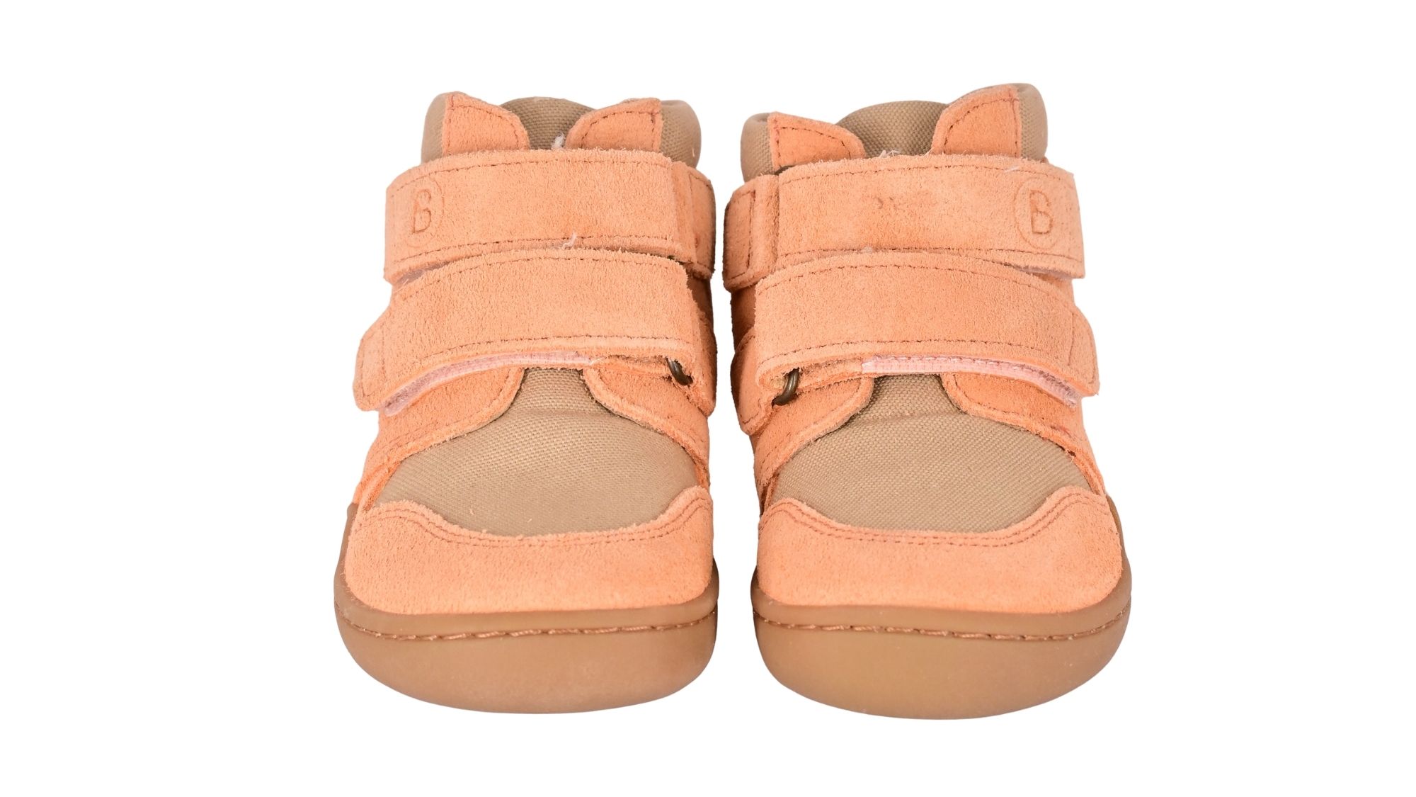 Knöchelhoher Barfußschuh für Kinder mit breiter Zehenbox, Klettverschluss, geschlossene Zehen, geschlossener Fersenbereich, Draufsicht als Paar