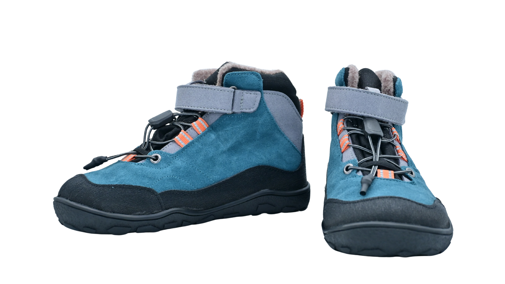 Paar halbhohe Barfußschuhe für Kinder mit Klettverschluss, Schnellverschluss und verstärktem Zehenbereich, Seiten- und Vorderansicht