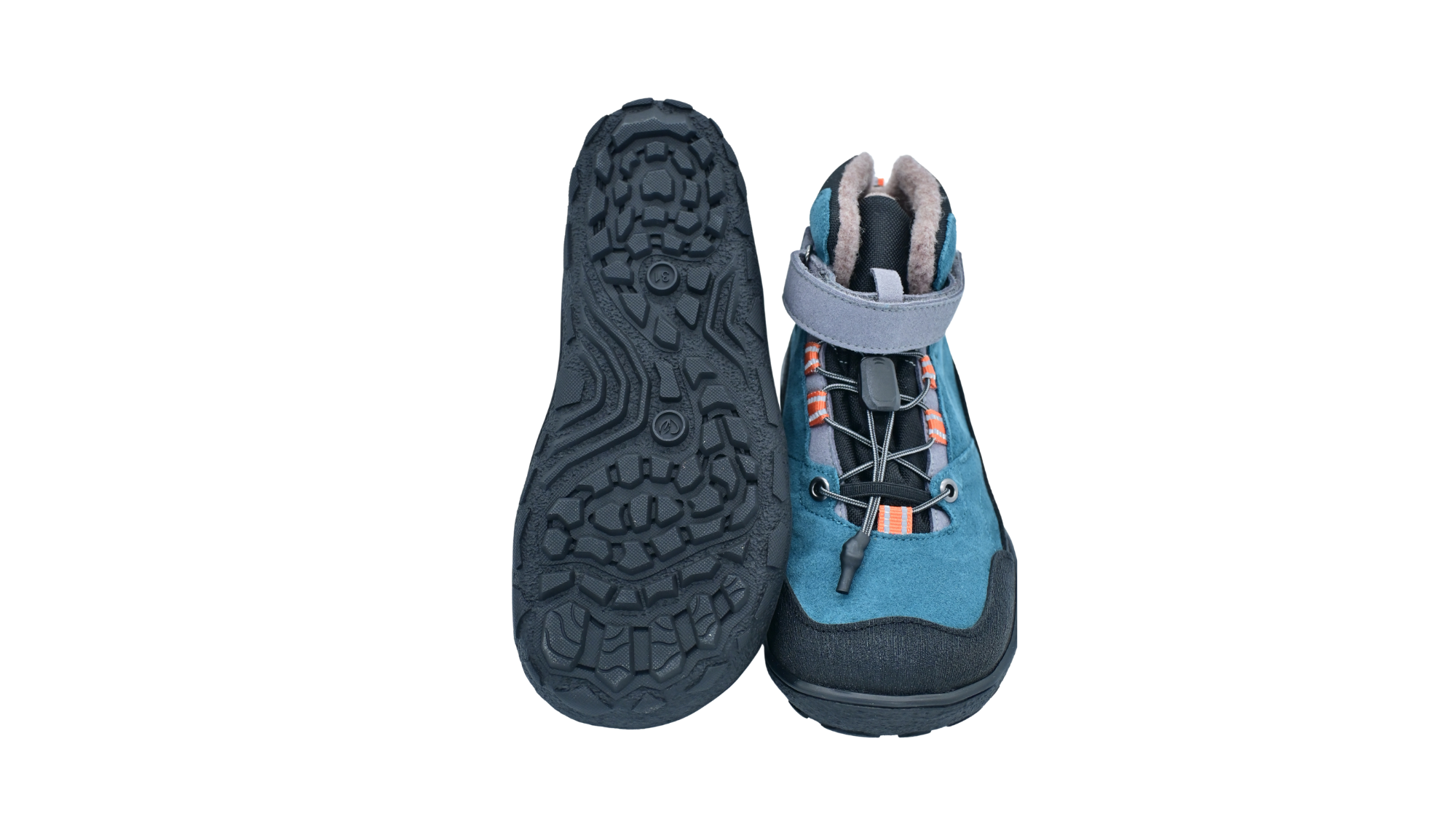 Paar halbhohe Barfußschuhe für Kinder mit Klettverschluss, Schnellverschluss und Profilsohle, Ansicht von unten und Draufsicht