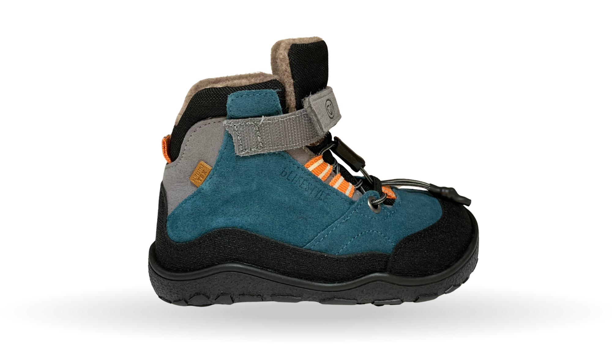 Gefütterter halbhoher Barfußschuh für Kinder mit Schnellverschluss, Klettverschluss und profilierter Sohle, Seitenansicht außen