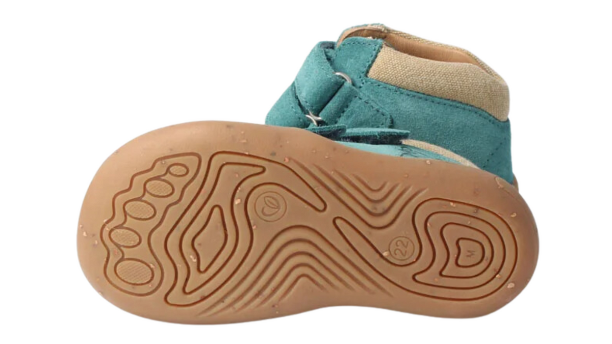 Knöchelhoher Barfußschuh für Kinder mit flexibler Sohle und flachem Profil, Ansicht von unten