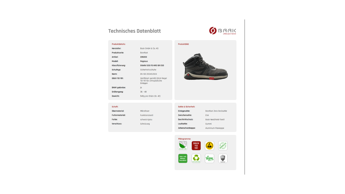 Technische Daten für den Schuhe, Detailansicht