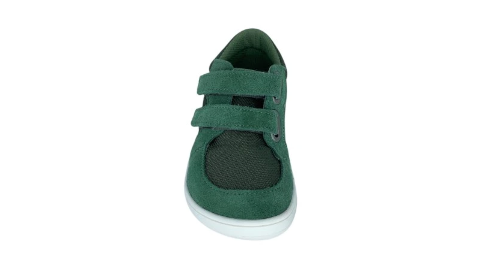 Barfußschuh mit zwei Klettverschlüssen, breite Zehenbox, flexible Sohle, geschlossener Fersenbereich, niedriger Schaft, schräge Vorderansicht