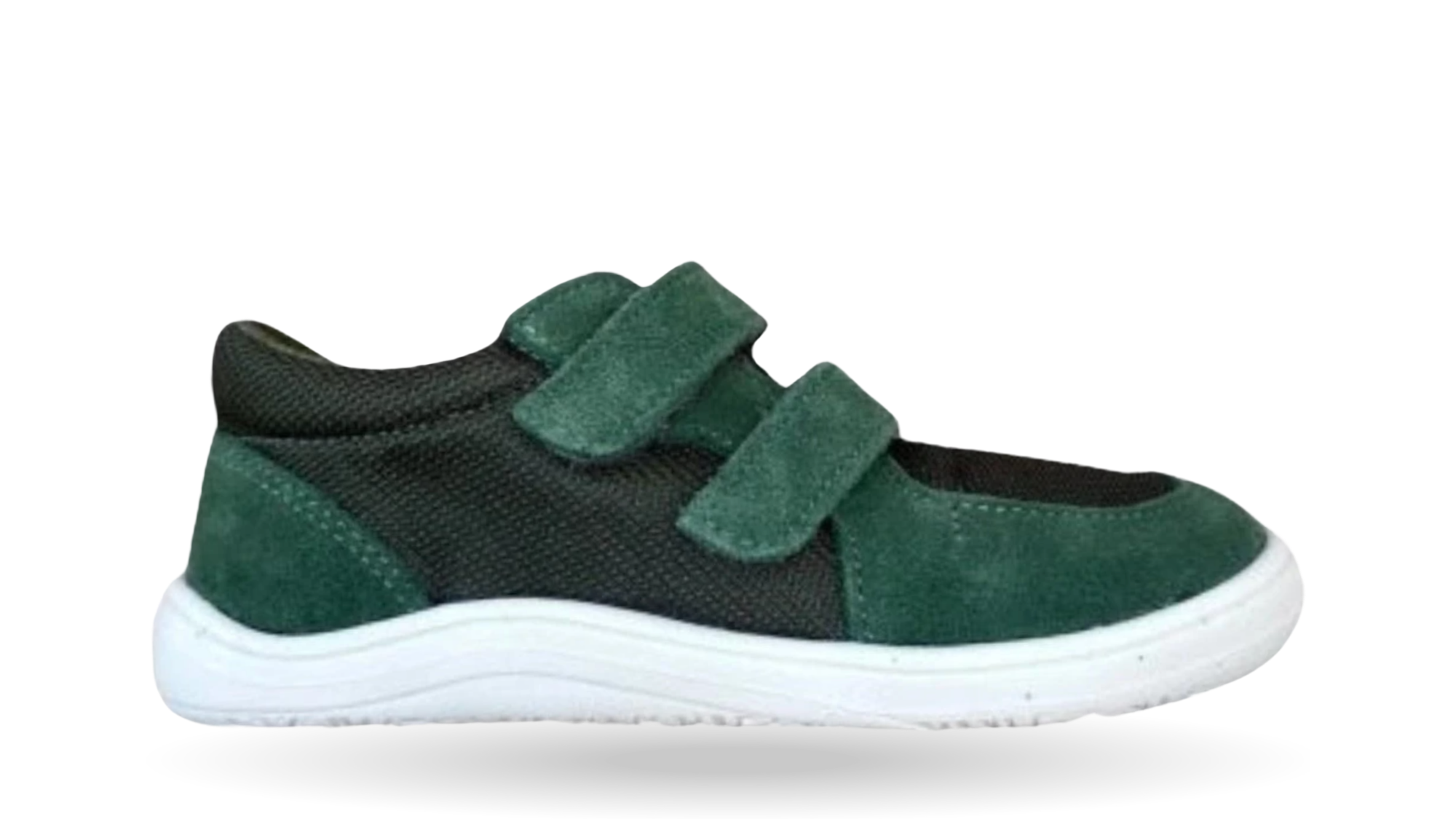 Barfußschuh mit zwei Klettverschlüssen, breite Zehenbox, flexible Sohle, geschlossener Fersenbereich, niedriger Schaft, Seitenansicht außen