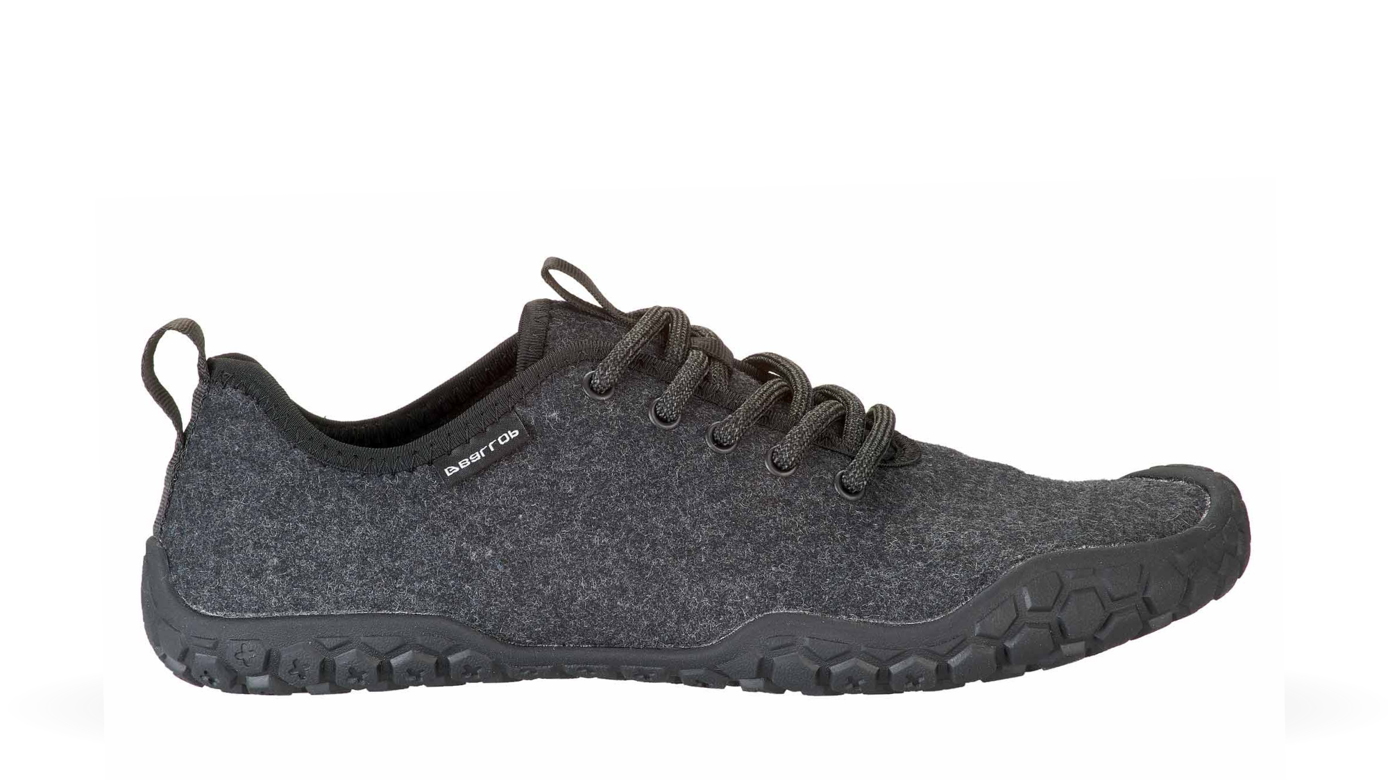Barfußschuh für Erwachsene mit Schnürung, breiter Zehenbox und profilierter Sohle, Seitenansicht außen