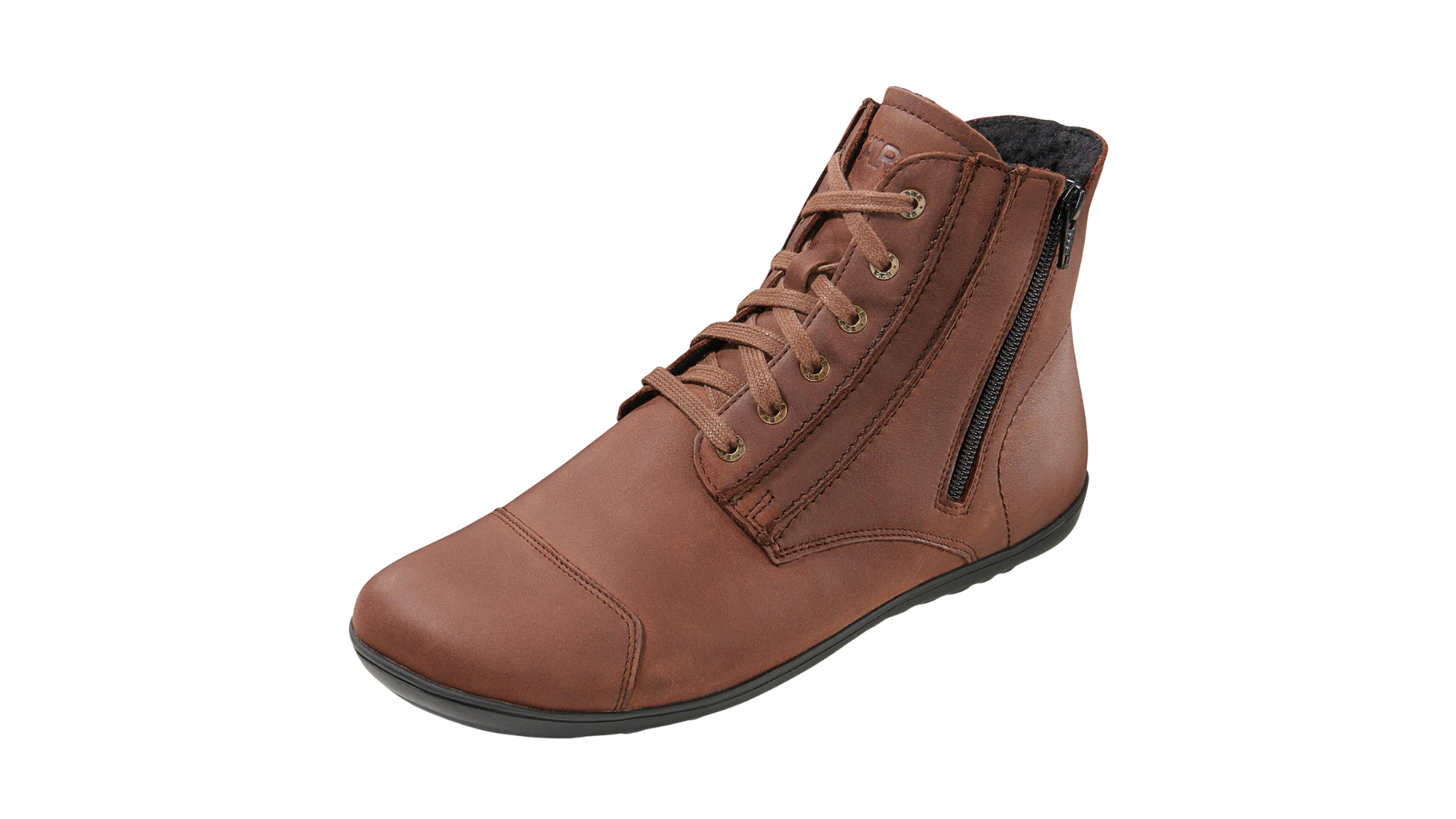 Barfußstiefel für Erwachsene mit breiter Zehenbox, Schnürung und seitlichem Reißverschluss, geschlossener Fersenbereich, schräge Vorderansicht.