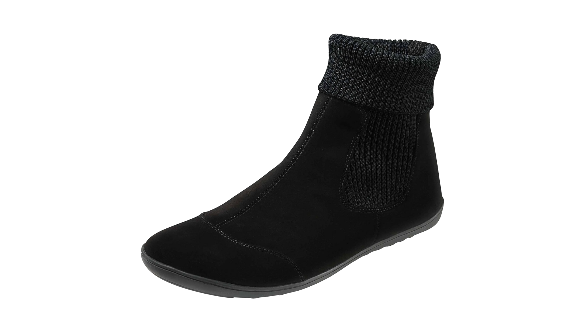 Barfußstiefelette für Erwachsene mit breiter Zehenbox, flexible Sohle, geschlossene Zehen und geschlossene Ferse, schräge Vorderansicht.