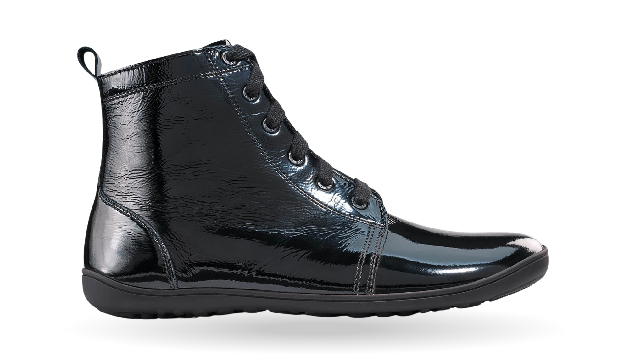 Barfußstiefel für Erwachsene mit breiter Zehenbox, Schnürung, hohem Schaft und geschlossener Ferse, Seitenansicht außen.