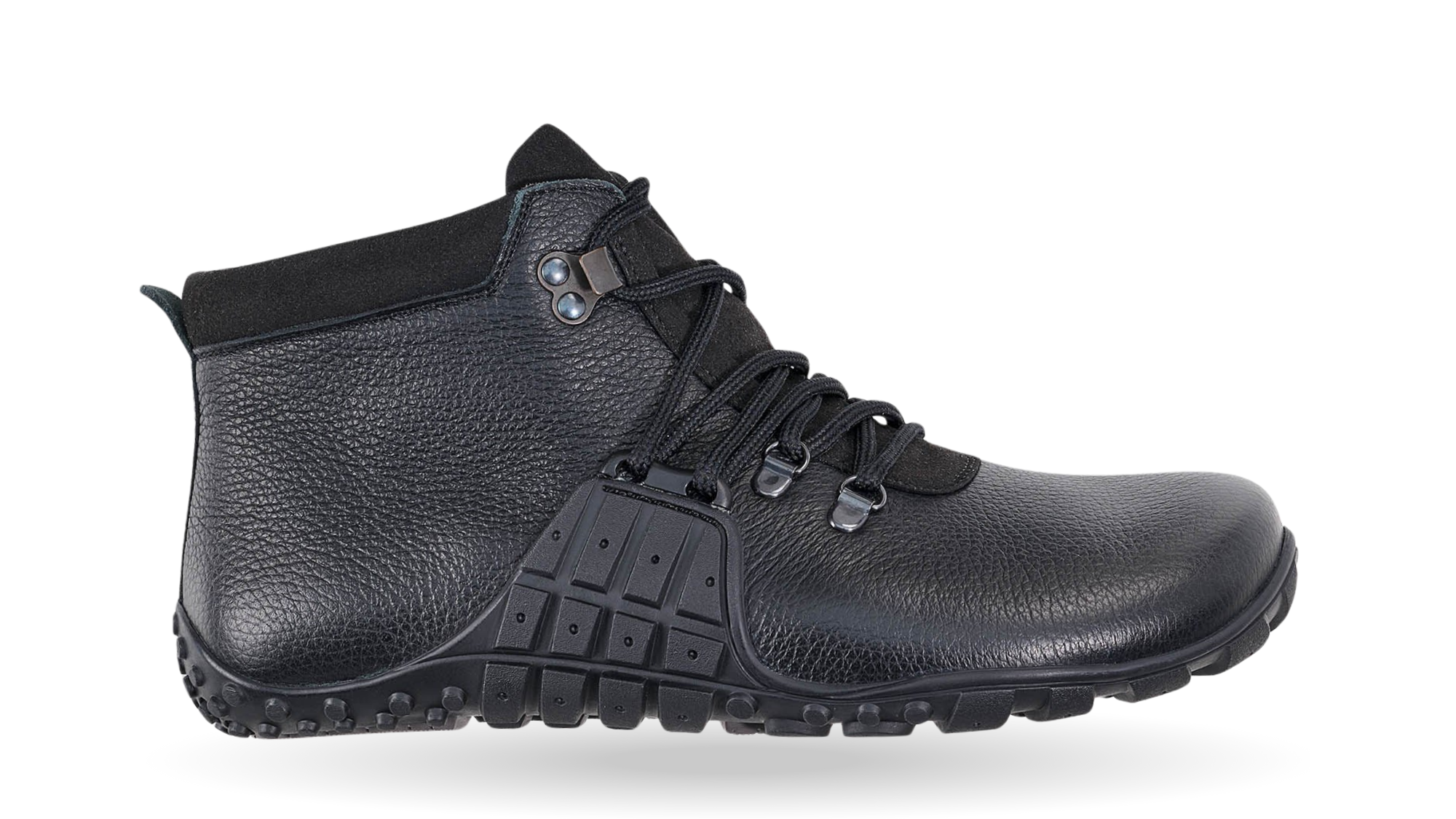 Barfußstiefel für Erwachsene mit breiter Zehenbox, Schnürung, hohem Schaft und geschlossener Ferse, Seitenansicht außen.