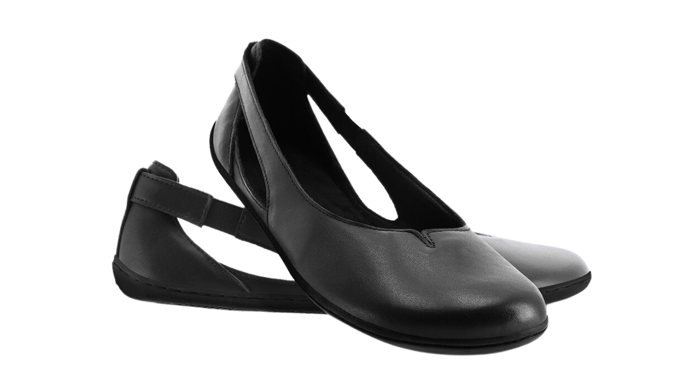 Barfußballerina für Erwachsene als Paar mit geschlossenen Zehen und seitlicher Öffnung, schräge Vorderansicht.