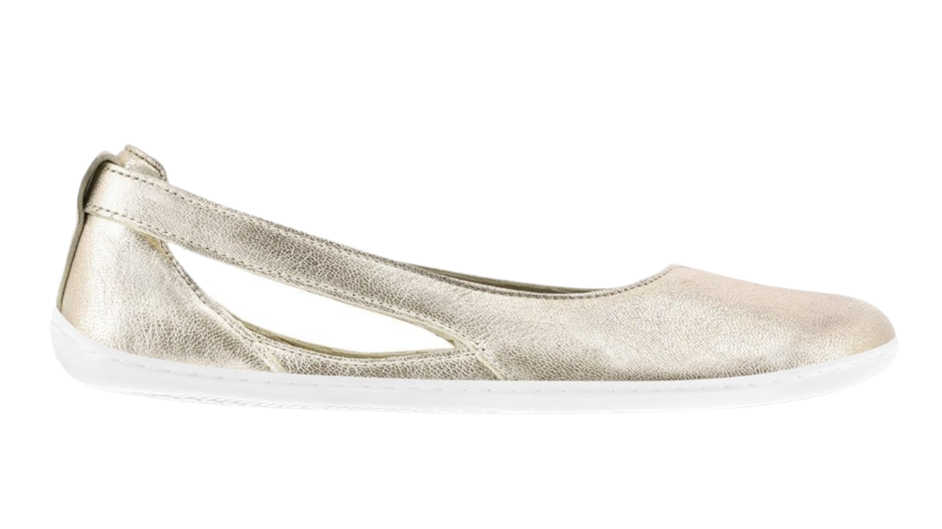 Barfußballerina für Erwachsene mit breiter Zehenbox und geschlossenen Zehen, Seitenansicht außen.