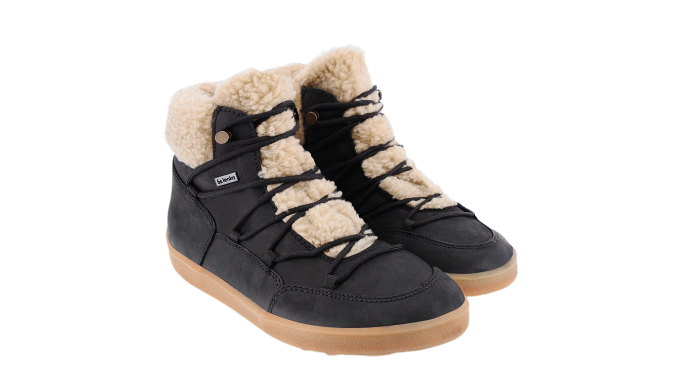 Barfußwinterstiefel für Erwachsene als Paar, knöchelhoch, Schnürung, geschlossene Zehen, geschlossener Fersenbereich, schräge Vorderansicht