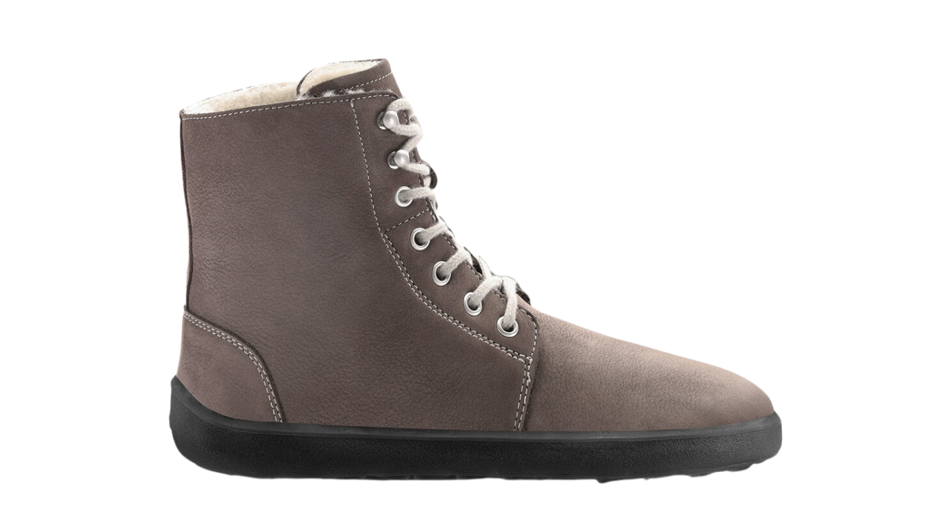 Barfußwinterstiefel für Erwachsene mit breiter Zehenbox, Schnürung, knöchelhohem Schaft, geschlossener Zehenbox und geschlossener Ferse, Seitenansicht außen.