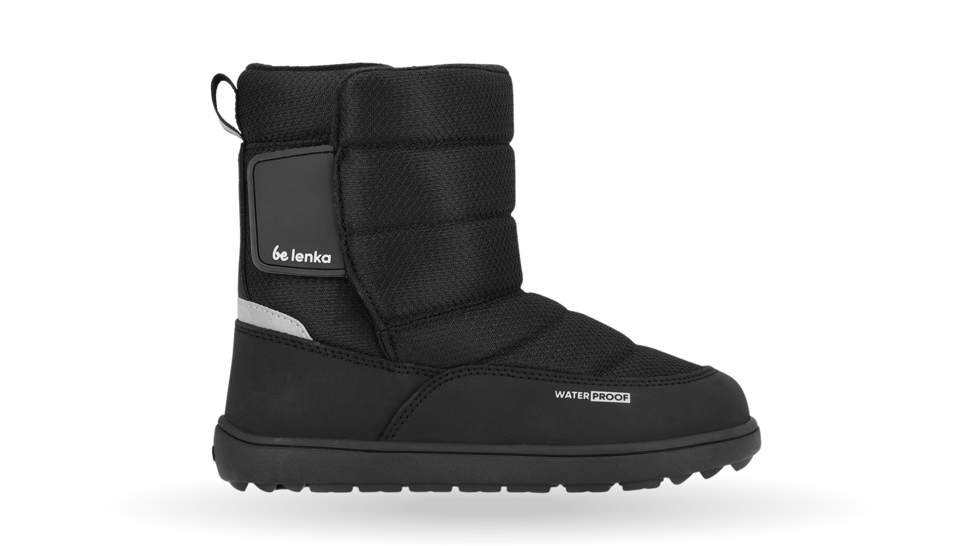 Barfußwinterstiefel mit breiter Zehenbox, flexibler Sohle, geschlossener Fersenbereich, hoher Schaft, Seitenansicht außen