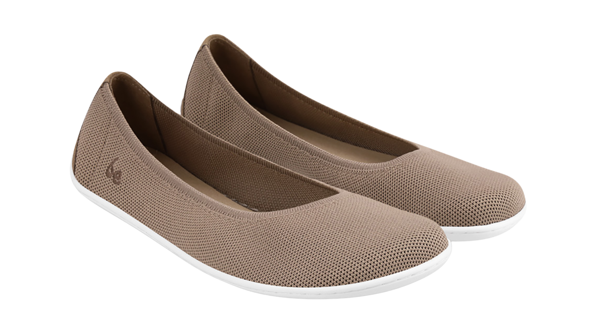Ballerina-Barfußschuh mit flacher Öffnung, geschlossener Zehenpartie und flexibler Sohle, schräge Vorderansicht als Paar