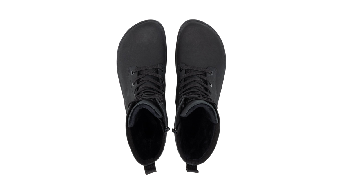 Paar kniehohe Barfußstiefel für Erwachsene mit Schnürung, geschlossener Zehenpartie und sichtbarer Schuhöffnung, Draufsicht