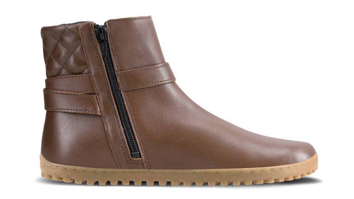 Barfußwinterschuh für Erwachsene, knöchelhoher Stiefel aus Leder mit seitlichem Reißverschluss und flexibler Sohle.