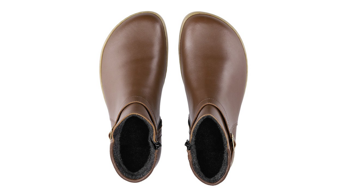 Barfußwinterschuh für Erwachsene, Draufsicht auf den geöffneten Schaft mit breiter Zehenbox.