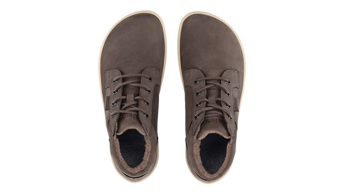 Knöchelhoher Barfußschuh als Paar, Draufsicht.