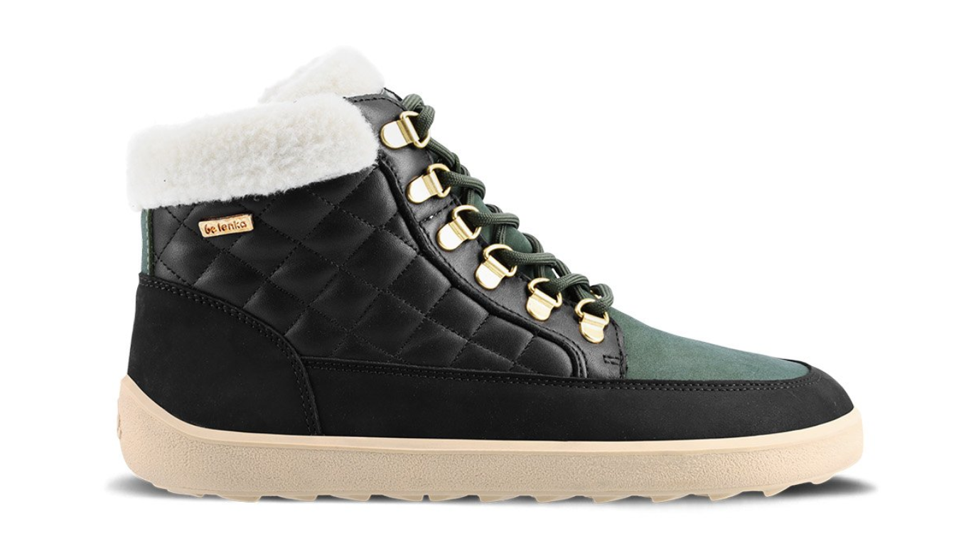 Knöchelhoher Barfußwinterschuh für Erwachsene, Seitenansicht mit warmem Schaft und profilierter Sohle.