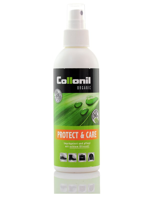 Weiße Sprühflasche mit grünem Etikett, Aufdruck „Collonil Organic Protect & Care“, Abbildung von Wassertropfen und mehreren Materialsymbolen auf der Vorderseite, vor weißem Hintergrund.