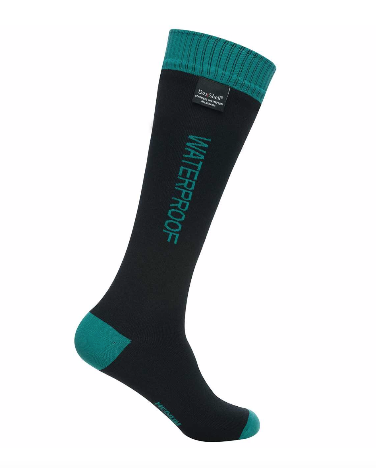 Schwarze, kniehohe Socke in Seitenansicht mit türkisfarbenem Bündchen, Fersen- und Zehenbereich. Vertikaler Schriftzug „WATERPROOF“ am Schaft sowie kleines rechteckiges Label nahe dem Bündchen. Freigestellt vor weißem Hintergrund.