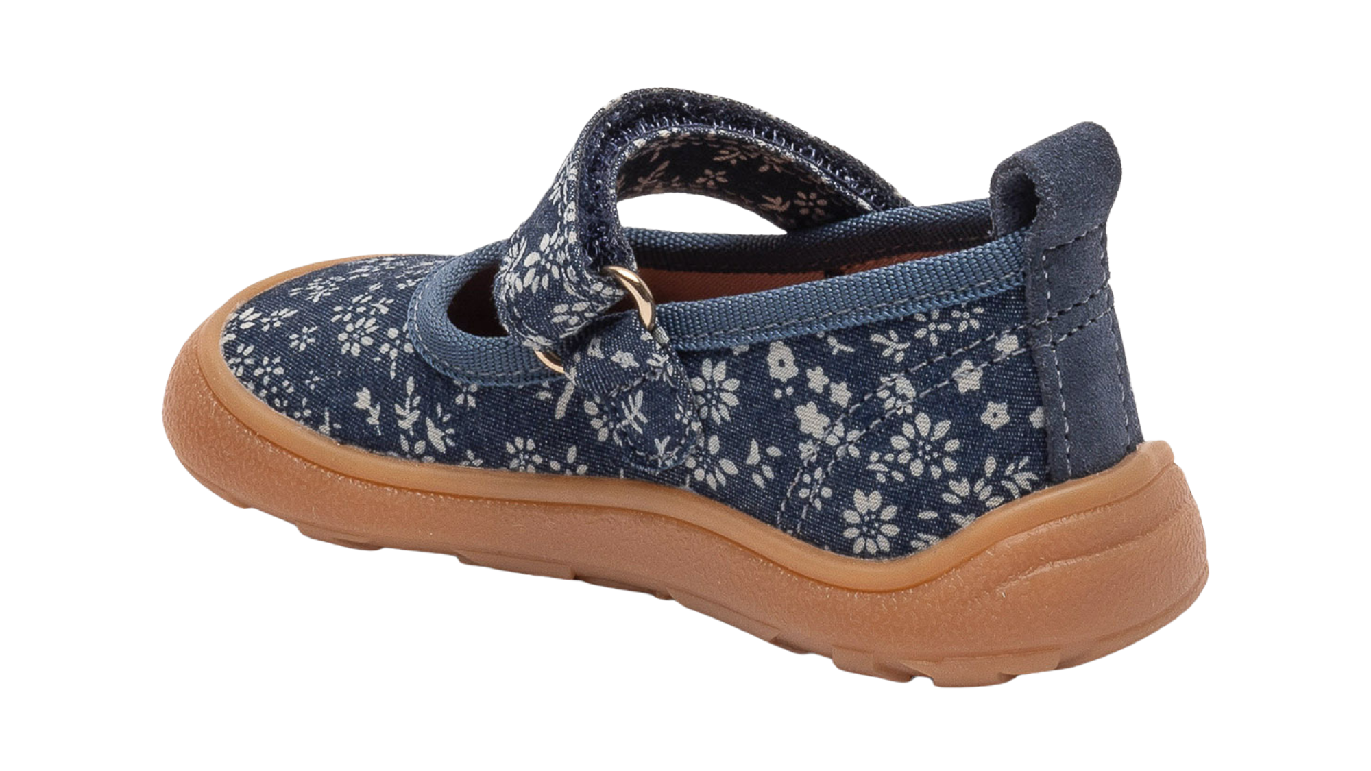 Barfußschuh mit Klettverschluss, breite Zehenbox, flexible Sohle, geschlossener Fersenbereich, niedriger Schaft, Seitenansicht innen