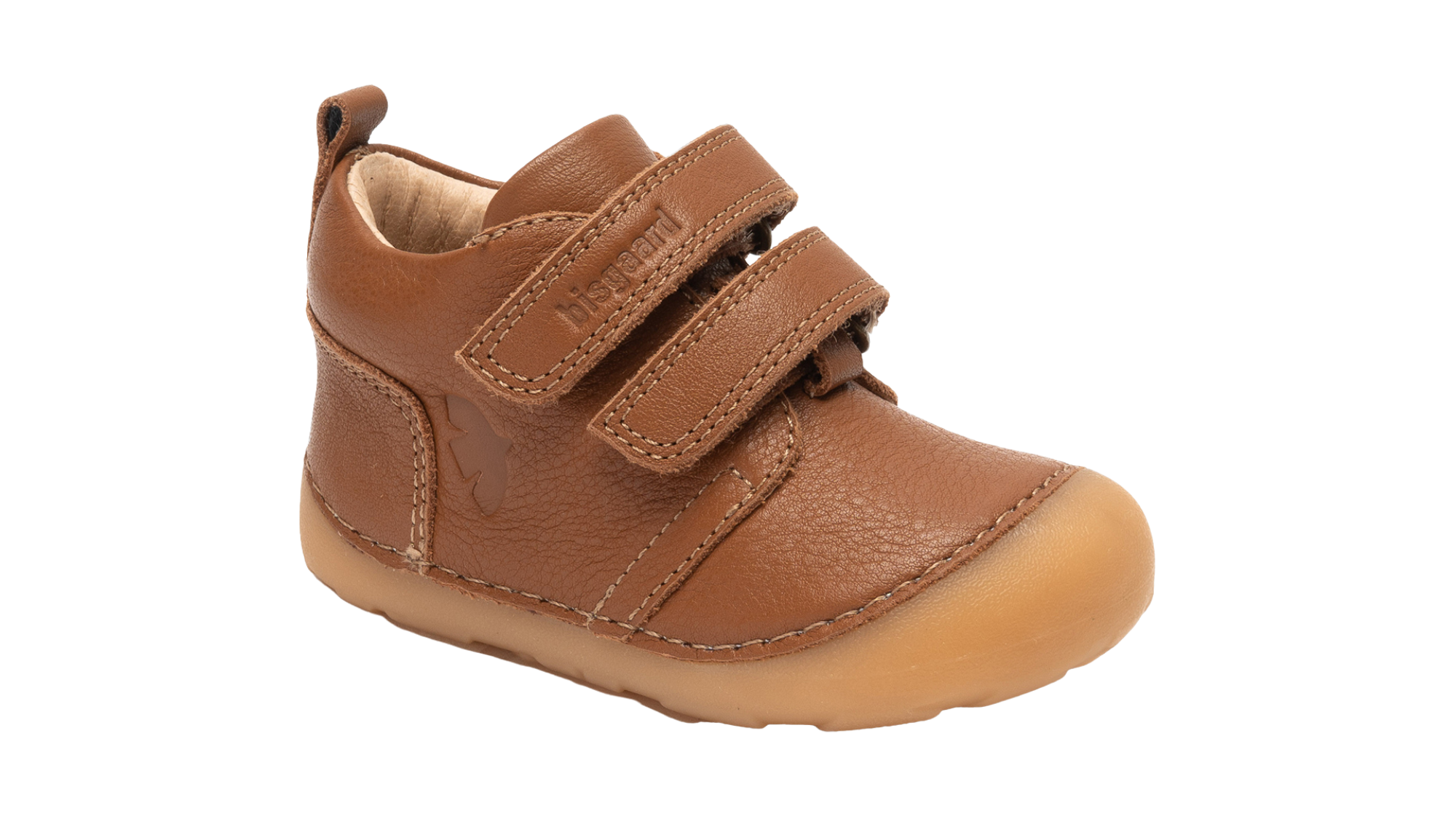 Lauflernschuh Barfußschuh mit breiter Zehenbox, zwei Klettverschlüssen und geschlossener Ferse, schräge Vorderansicht.