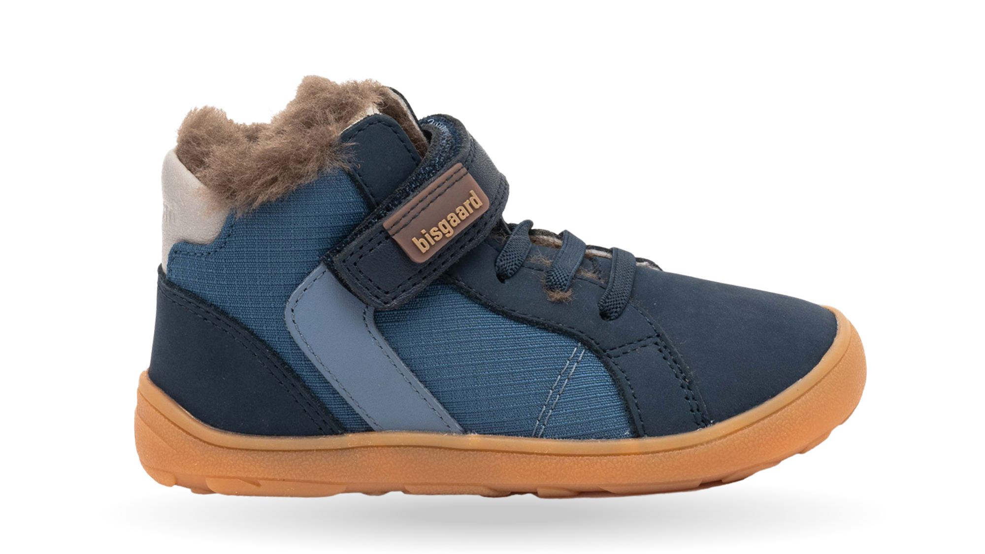 Barfußwinterstiefel mit Klettverschluss und Schnürung, breite Zehenbox, flexible Sohle, geschlossener Fersenbereich, hoher Schaft, Seitenansicht außen