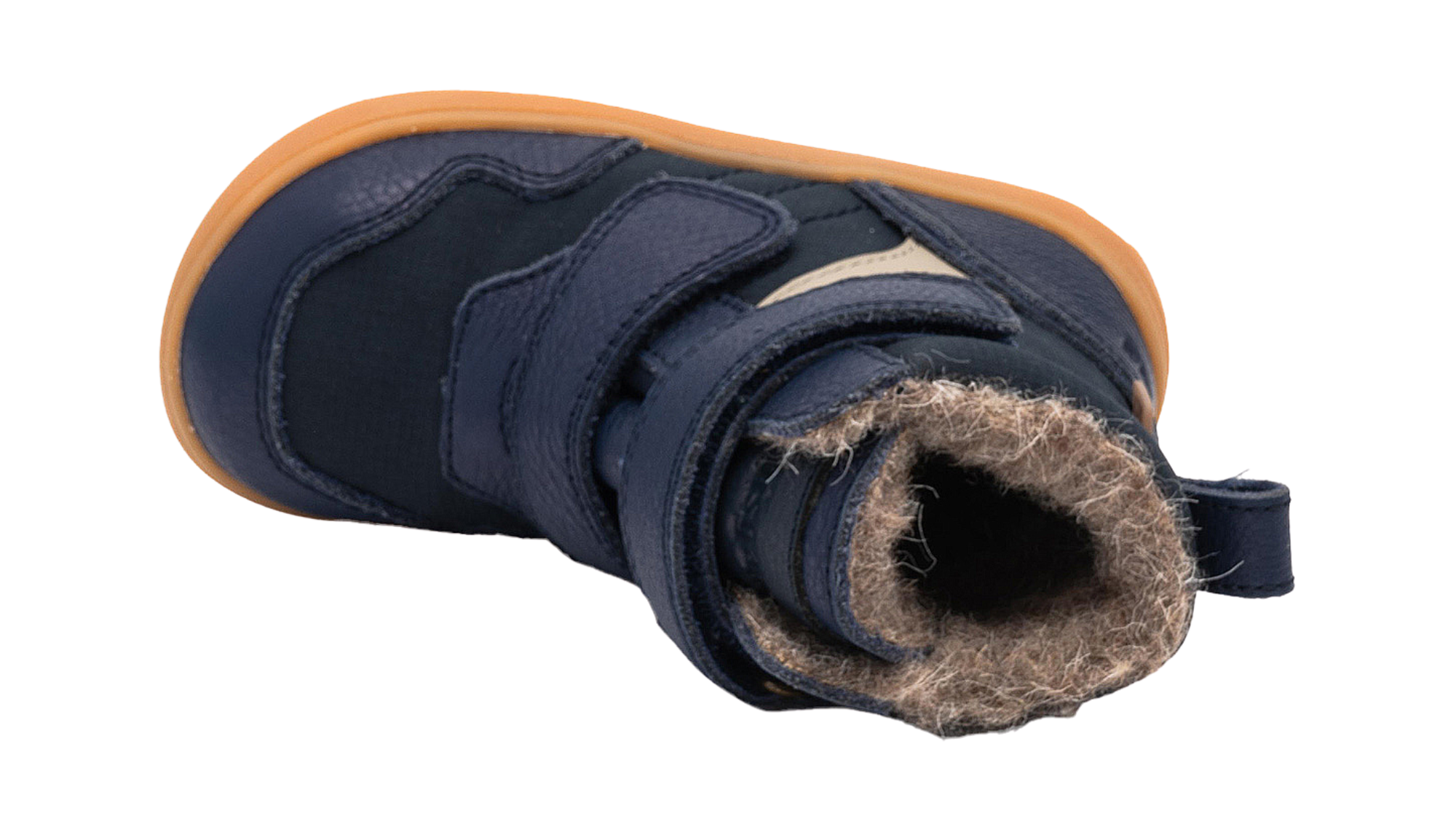 Barfußwinterstiefel für Kinder mit breiter Zehenbox und geschlossener Ferse, Draufsicht in den Schaft.
