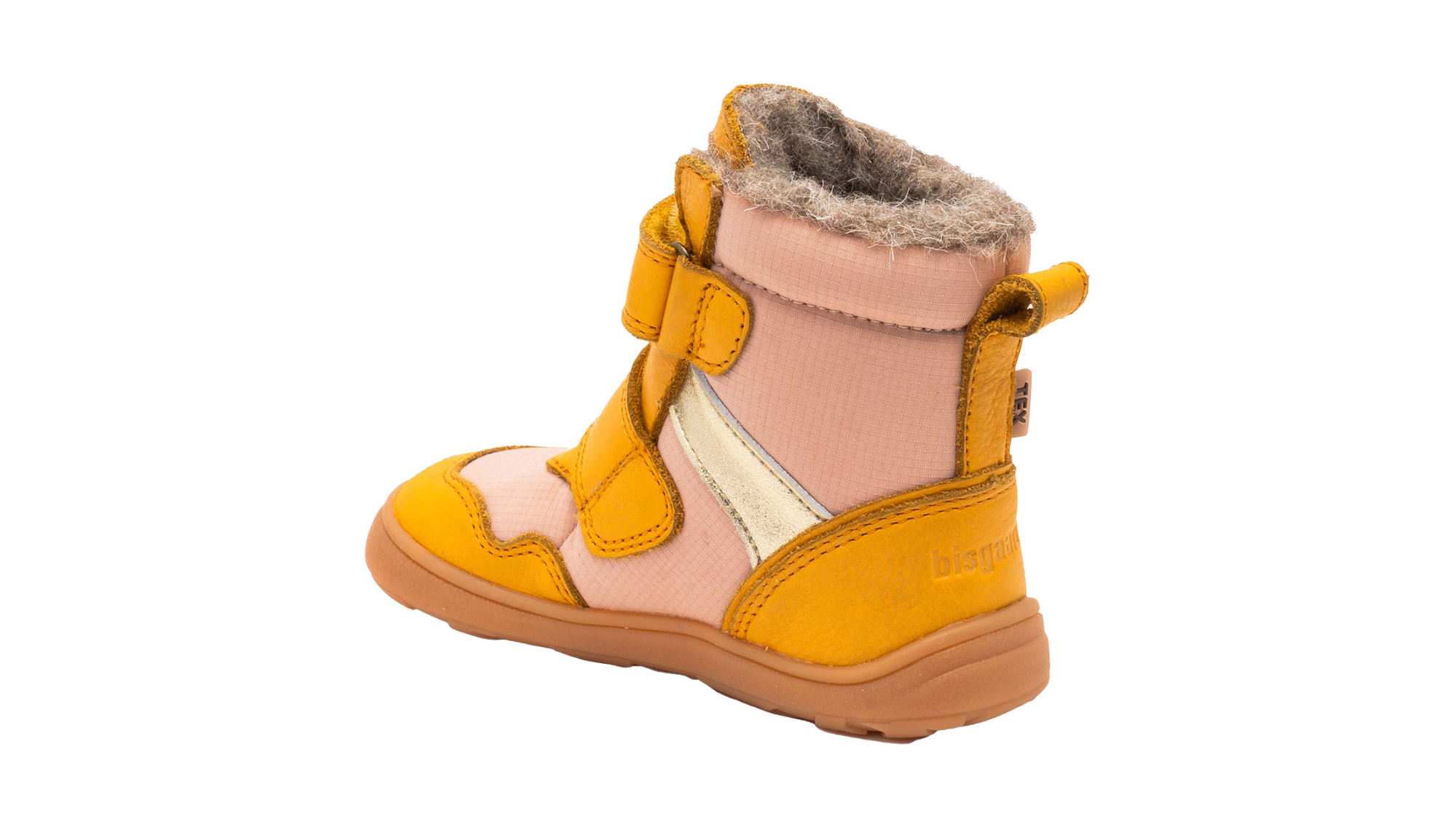 Barfußwinterstiefel für Kinder mit Klettverschluss, geschlossenen Zehen und geschlossener Ferse, Seitenansicht innen.