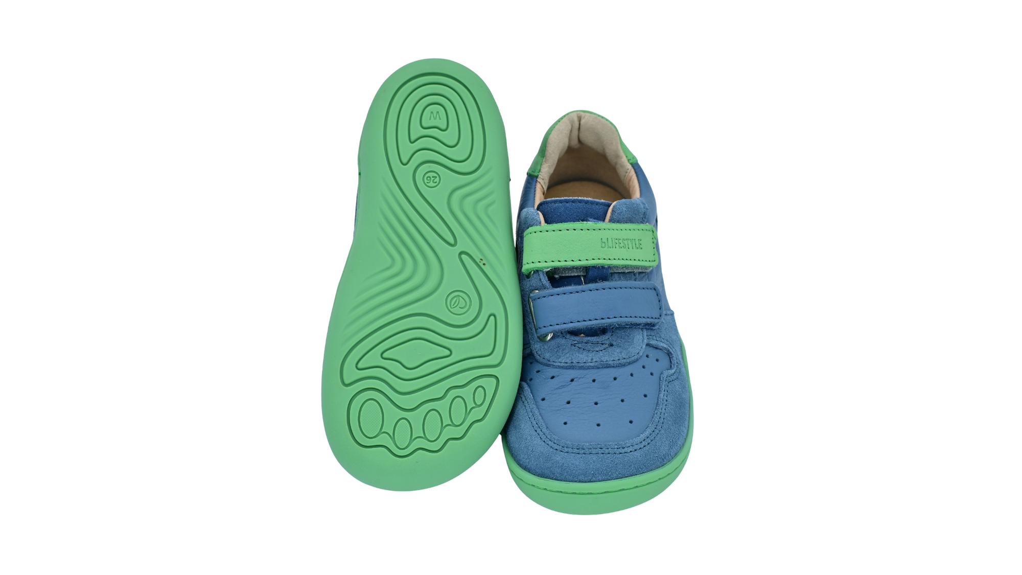Kinder Barfußhalbschuh mit breiter Zehenbox, flexibler Sohle, zwei Klettverschlüssen, geschlossenen Zehen, geschlossener Ferse, Ansicht von unten und Draufsicht als Paar