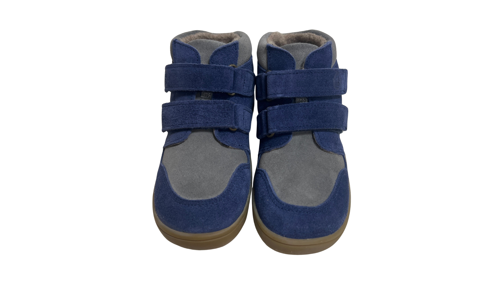 Knöchelhoher Barfußschuh für Kinder mit breiter Zehenbox, Klettverschluss, geschlossene Zehen, geschlossener Fersenbereich, Draufsicht als Paar