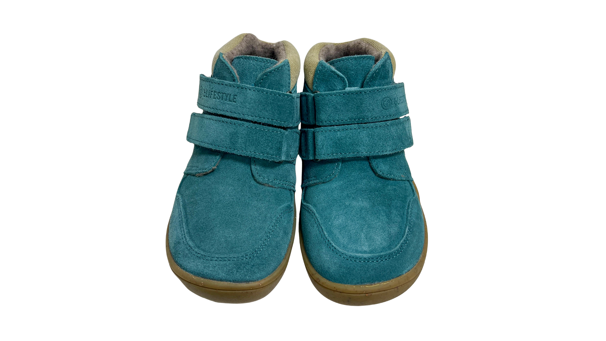 Knöchelhoher Barfußschuh für Kinder mit breiter Zehenbox, Klettverschluss, geschlossenen Zehen, geschlossenem Fersenbereich, Draufsicht als Paar