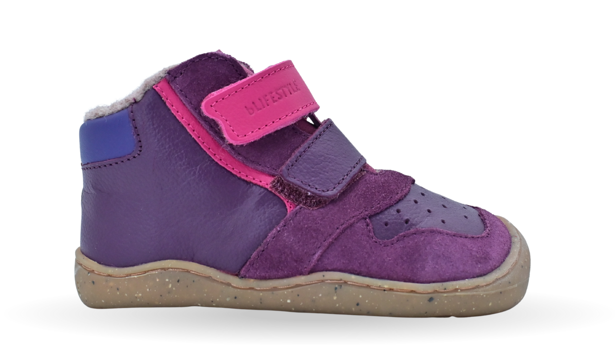 Halbhoher Barfußschuh für Kinder mit zwei Klettverschlüssen und breiter Zehenbox, Seitenansicht außen
