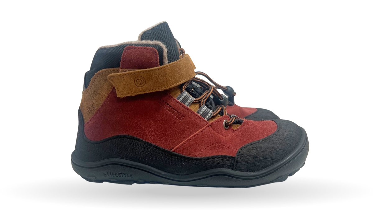 Knöchelhoher Barfußschuh für Kinder mit breiter Zehenbox, Klettverschluss, Schnürung, geschlossenen Zehen, geschlossenem Fersenbereich, Seitenansicht außen