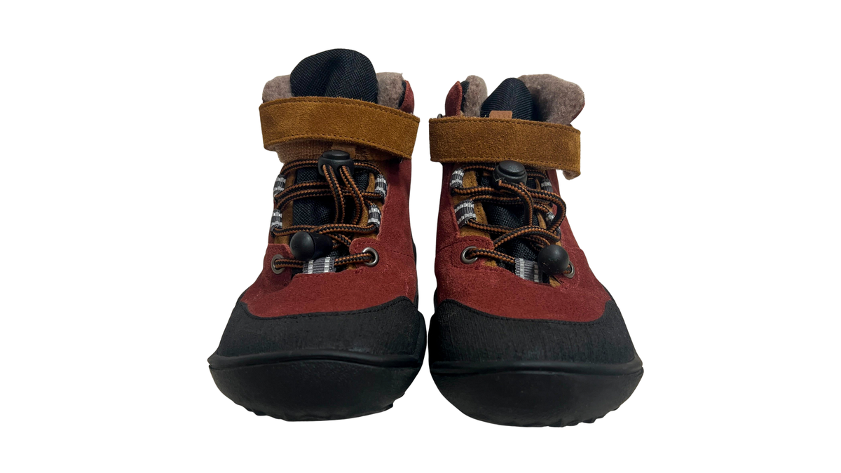 Knöchelhoher Barfußschuh für Kinder mit breiter Zehenbox, Klettverschluss, Schnürung, geschlossenen Zehen, geschlossenem Fersenbereich, Draufsicht als Paar