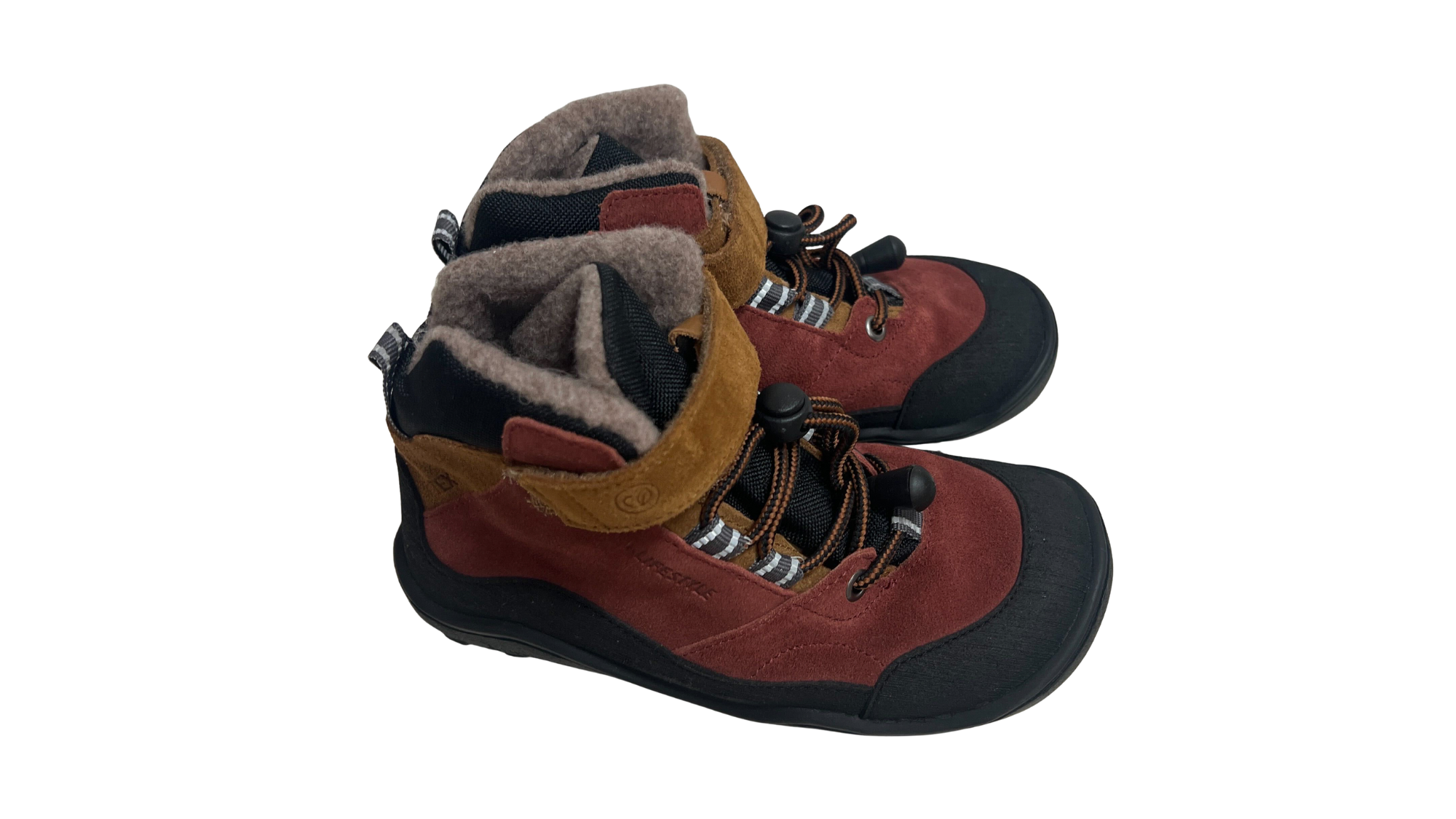 Knöchelhoher Barfußschuh für Kinder mit breiter Zehenbox, Klettverschluss, Schnürung, geschlossenen Zehen, geschlossenem Fersenbereich, schräge Vorderansicht als Paar