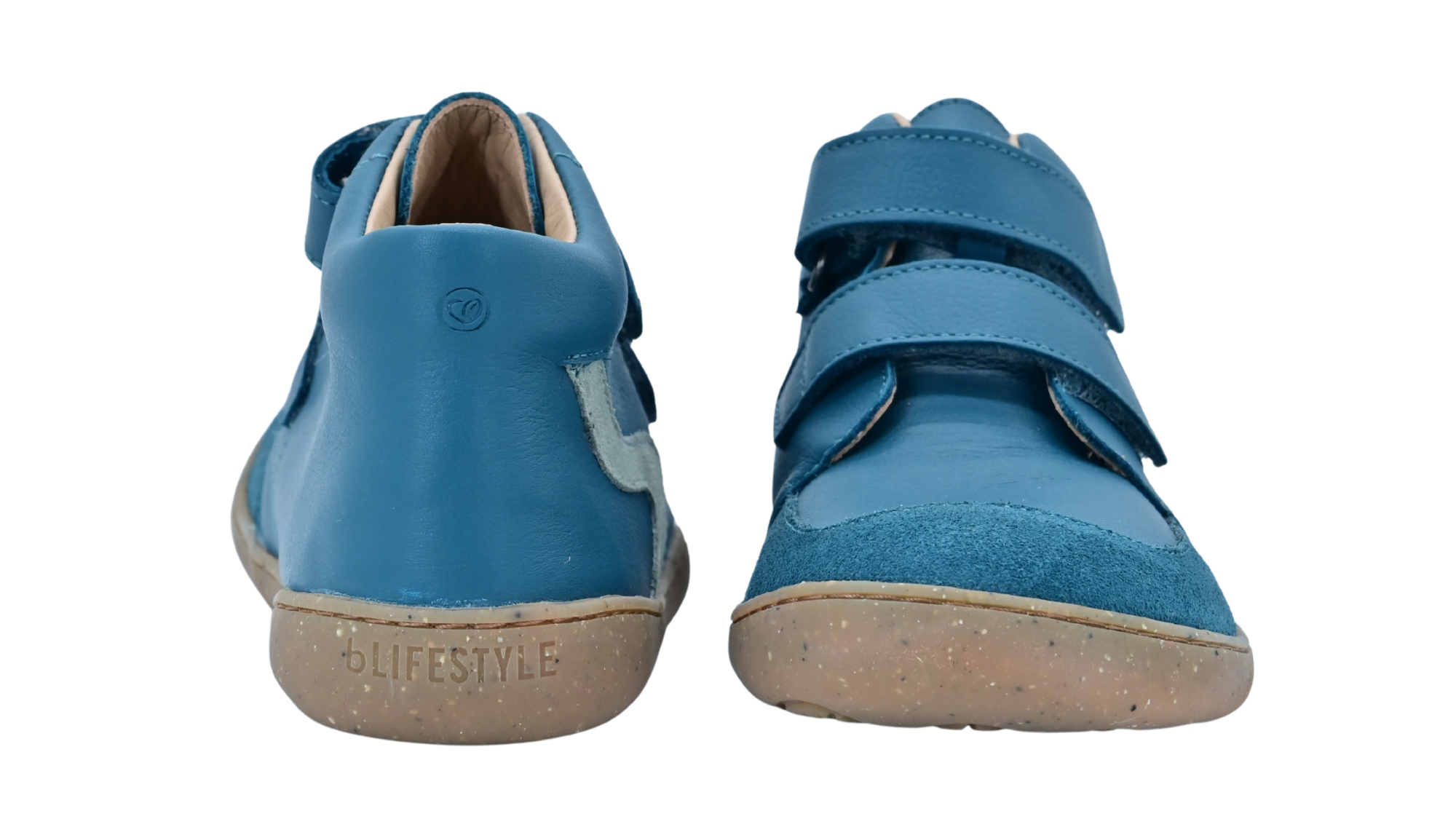 Paar halbhohe Barfußschuhe für Kinder mit Fersenbereich und zwei Klettverschlüssen, Rück- und Vorderansicht