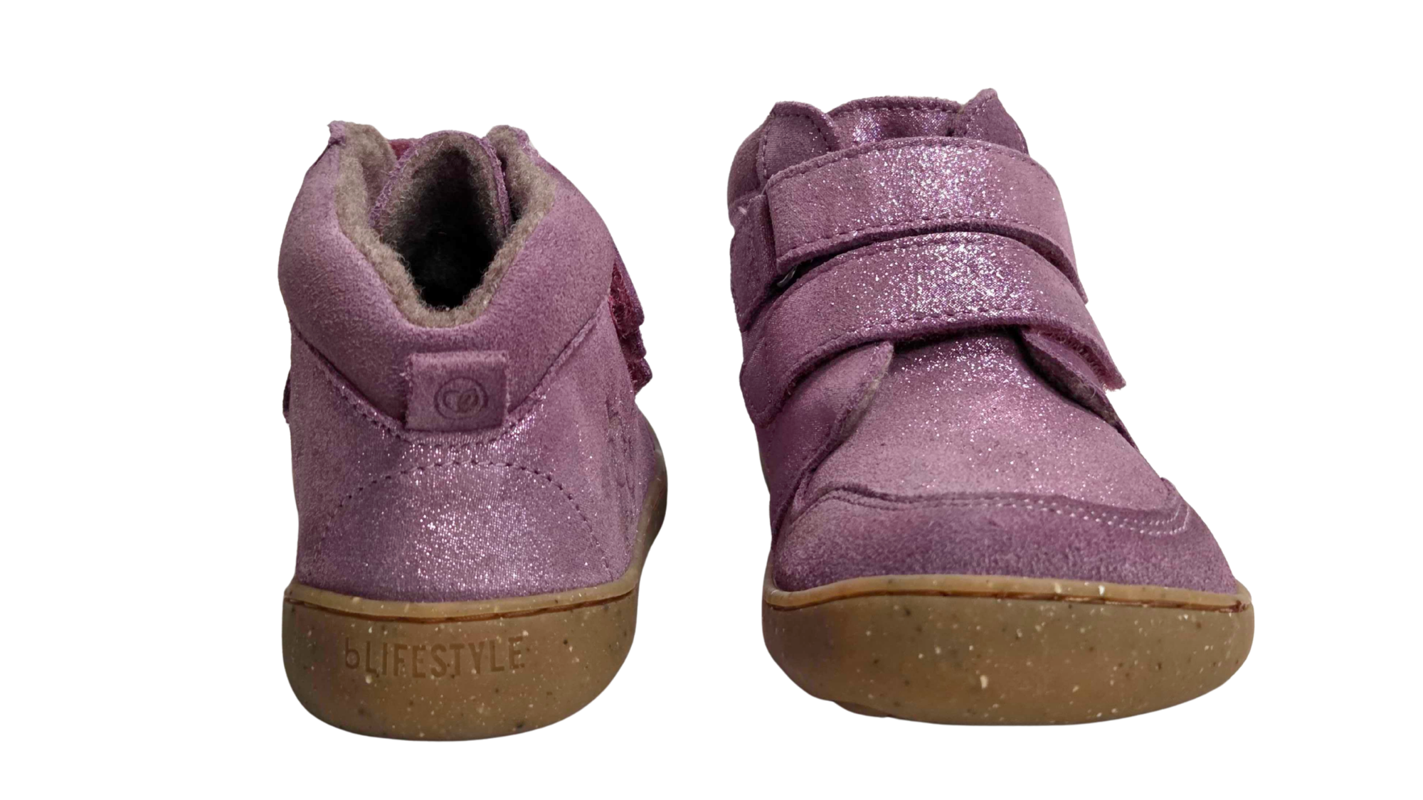 Paar gefütterte halbhohe Barfußschuhe für Kinder mit zwei Klettverschlüssen und breiter Zehenbox, Rück- und Vorderansicht