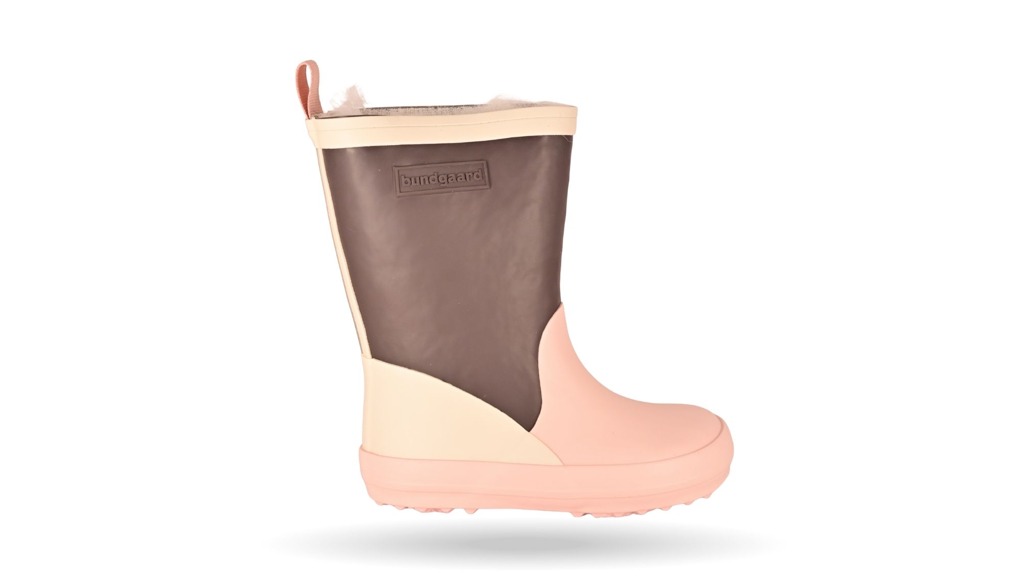Kinder-Barfußgummistiefel mit breiter Zehenbox, geschlossenem Zehenbereich, geschlossenem Fersenbereich, hohem Schaft, flexible Sohle, Seitenansicht außen.