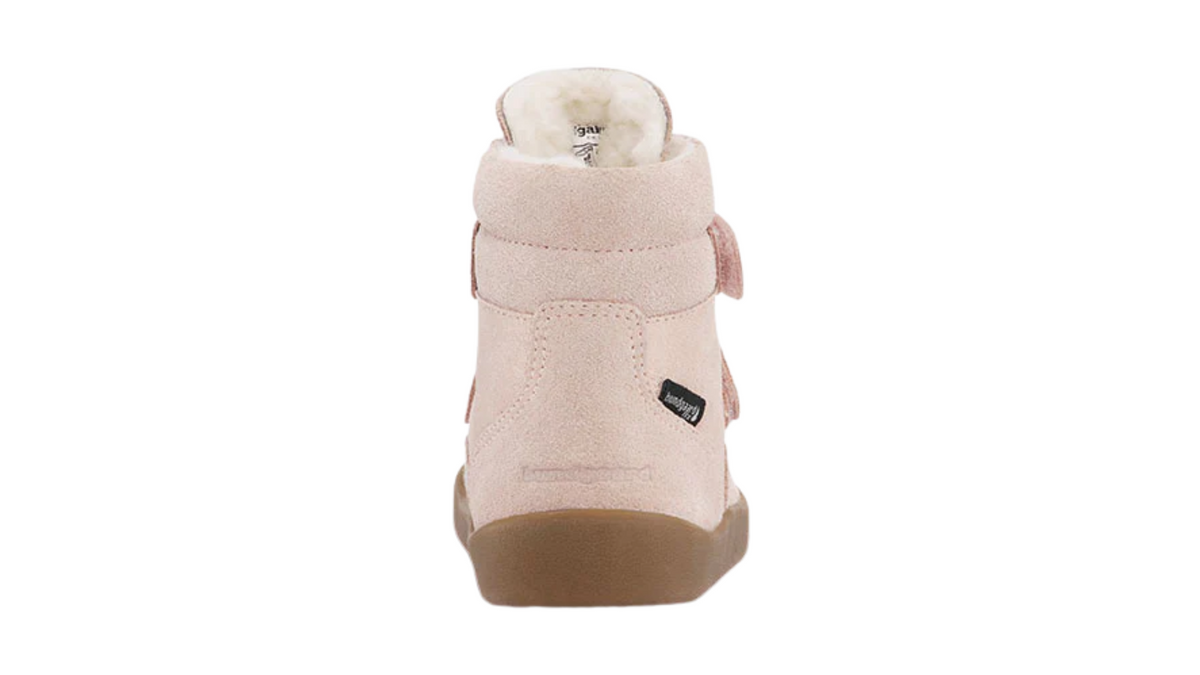 Kinder-Barfußwinterstiefel mit geschlossener Ferse, Riemenkonstruktion, hohem Schaft, flacher flexibler Sohle, Rückansicht.