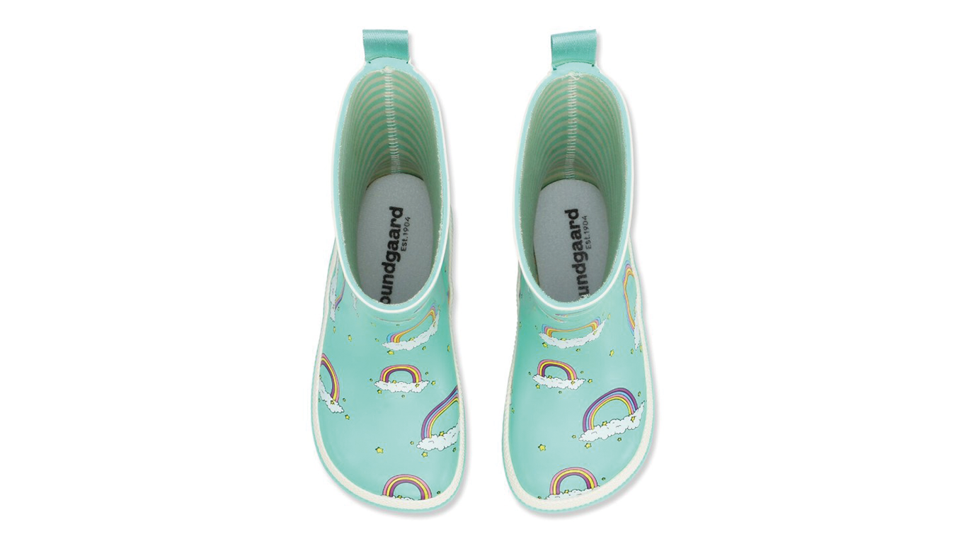 Gummistiefel für Kinder, hoher Schaft, geschlossene Zehen und geschlossener Fersenbereich, profilierte Sohle, Draufsicht als Paar