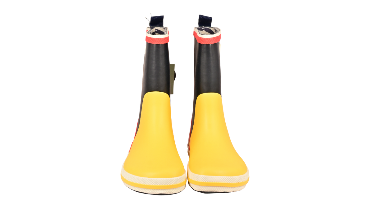 Gummistiefel für Kinder, hoher Schaft, geschlossene Zehen und geschlossener Fersenbereich, profilierte Sohle, Vorderansicht als Paar