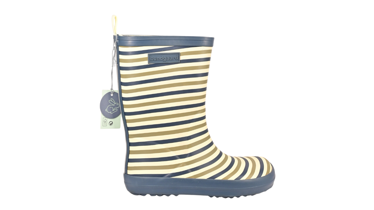Kinder-Barfußgummistiefel mit breiter Zehenbox, geschlossenem Zehenbereich, geschlossenem Fersenbereich, hohem Schaft, Schlupfform ohne Verschluss, flexible Sohle, Seitenansicht außen.