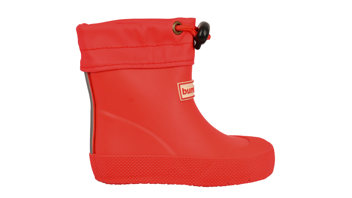 Gummistiefel für Kinder als Paar, hoher Schaft mit Tunnelzug, geschlossene Zehen und geschlossener Fersenbereich, profilierte Sohle, Einzelschuh, Seitenansicht außen