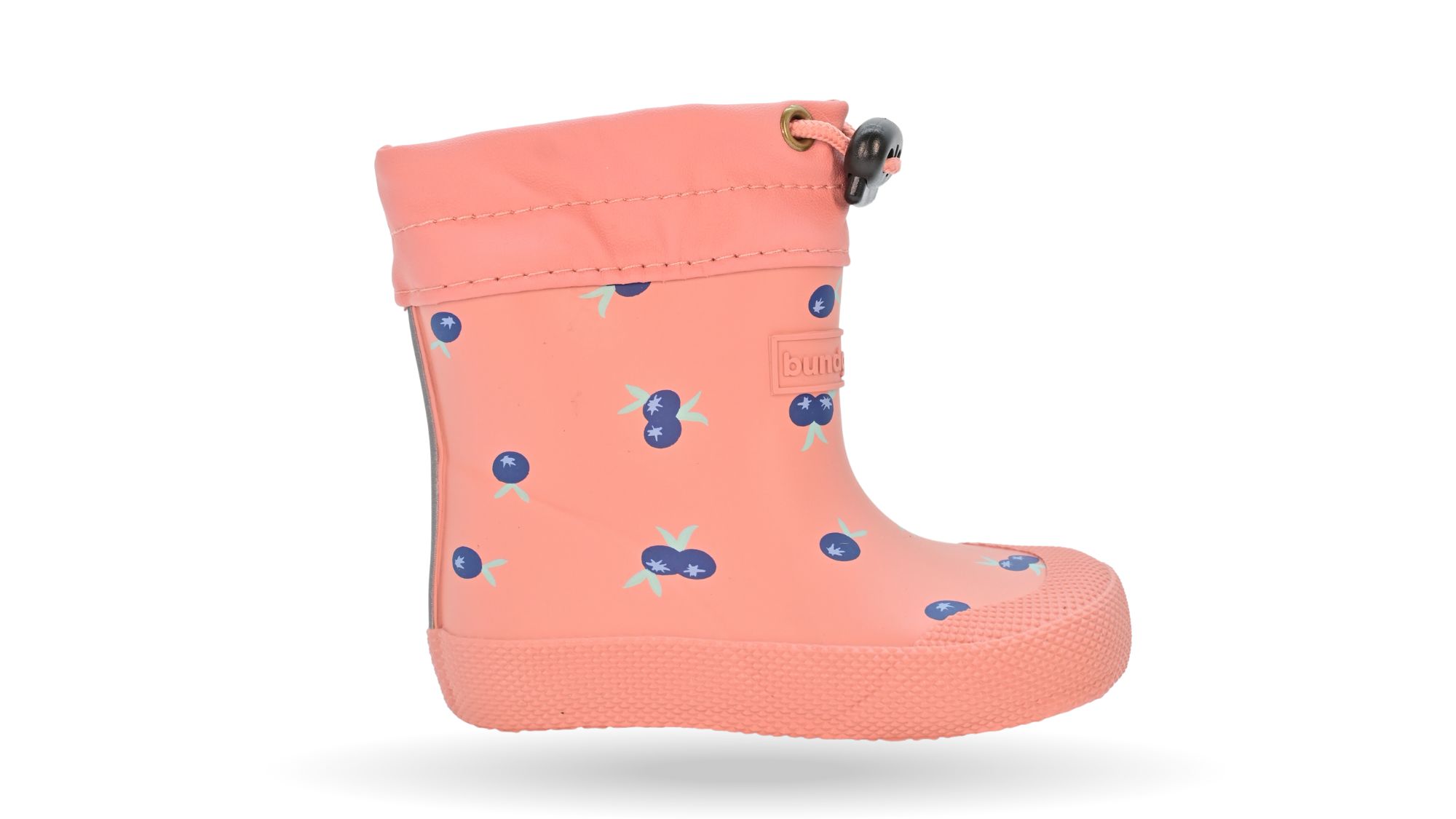 Barfußgummistiefel mit breiter Zehenbox, flexibler Sohle, geschlossenem Schaft mit Kordelzug, geschlossener Fersenbereich, Seitenansicht außen, einzelner Schuh