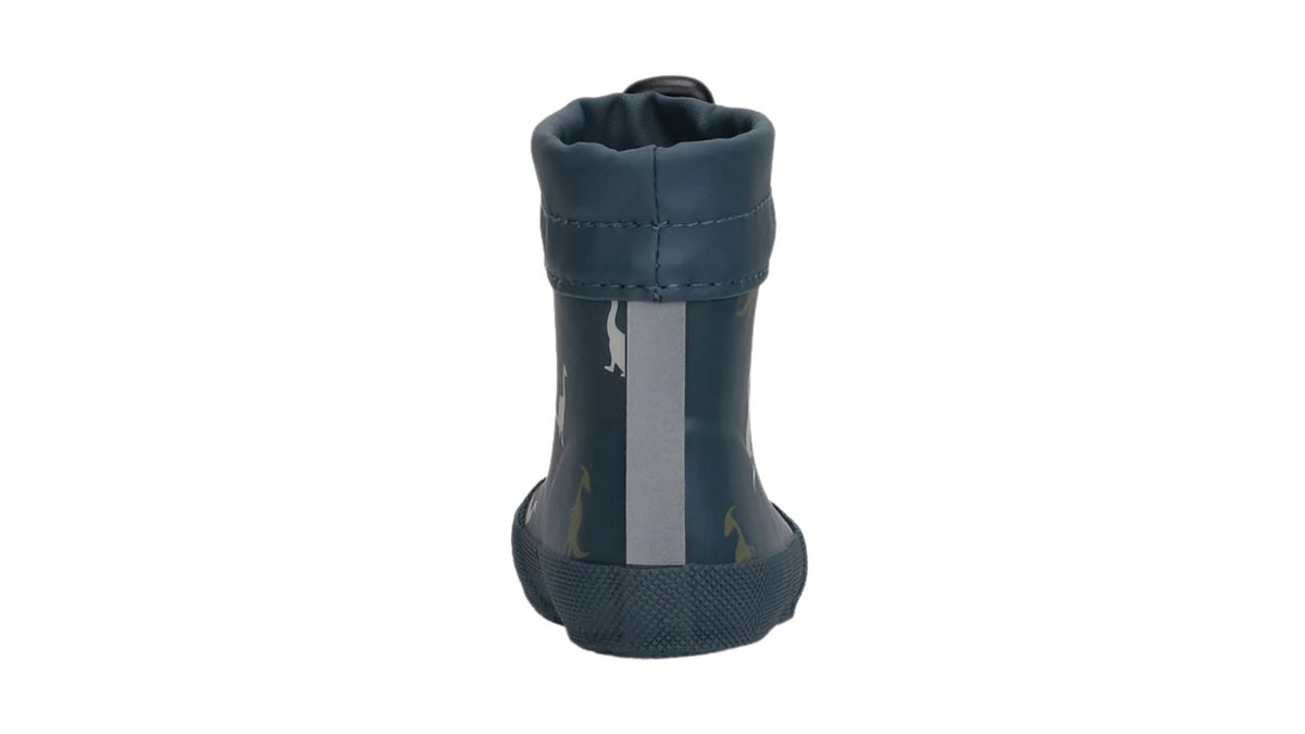 Kinder-Barfußgummistiefel mit geschlossenem Zehenbereich, geschlossenem Fersenbereich, hohem Schaft, Schlupfform mit Kordelzug, flexible Sohle, Rückansicht.