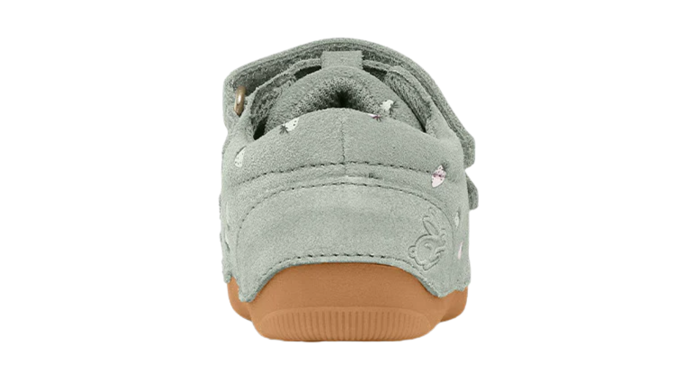 Barfußschuh mit zwei Klettverschlüssen, breite Zehenbox, flexible Sohle, geschlossener Fersenbereich, Rückansicht