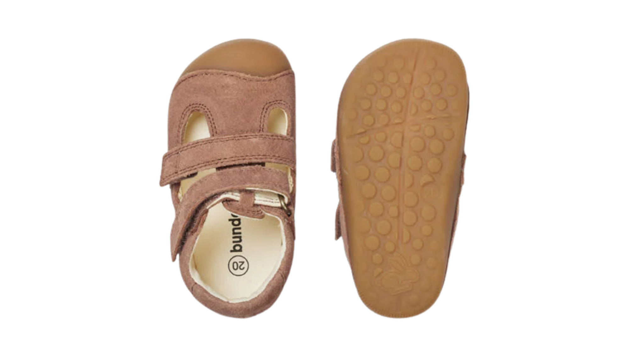Kinder-Barfußschuh mit breiter Zehenbox, geschlossenem Zehenbereich, geschlossenem Fersenbereich, Riemenkonstruktion mit Verschluss, flacher flexibler Sohle, Draufsicht und Ansicht von unten als Paar